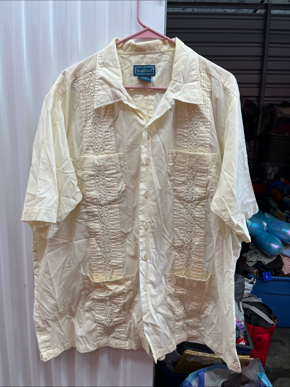 Men's Cream Short-Sleeve Embroidered Button-Down Shirt